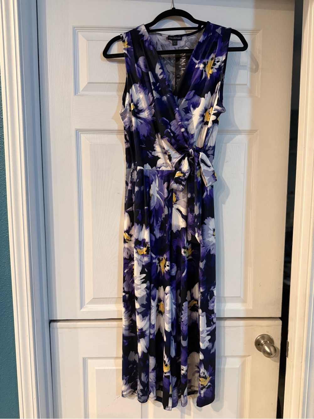 Nina Leonard Purple, White and Yellow Floral Wrap Maxi Jumpsuit